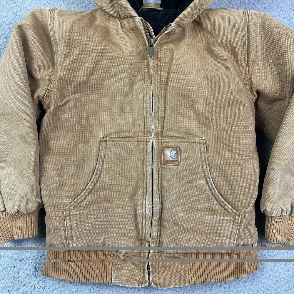 Carhartt Canvas Quilted Lined Jacket Tan Brown‎ Distressed Kids Youth Size 7
